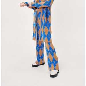 Nasty Gal Argyle 3pc Sweater Set XS Women’s Open Cardigan Tank Pants Camel Blue